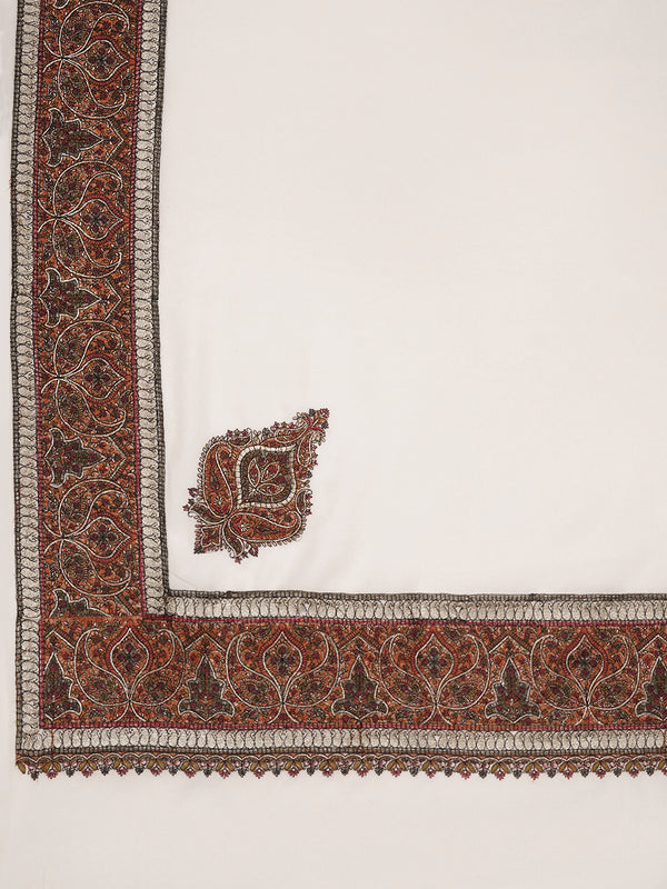 Ivory Woolen Women Shawl with Intricate Embroidered Detailing – Winter Wrap (80 x 40 Inches)