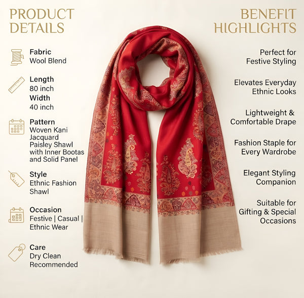 Naqsh-e-Kashmir Woven Kani Jacquard Paisley Red Shawl with Inner Bootas & Solid Panel
