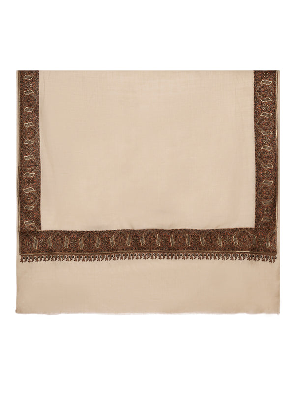 Woolen Women Shawl in Light Brown with Intricate Traditional Embroidered Border (80 x 40 Inches)