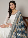 Bottle Green Georgette Dupatta with Gold Foil Booti & Lace Border (Size: 2.5x1 m Approx)