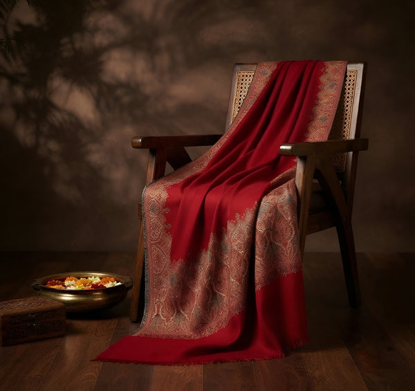 Naqsh-e-Kashmir Woven Kani Jacquard Border Maroon Shawl | Wool Blend