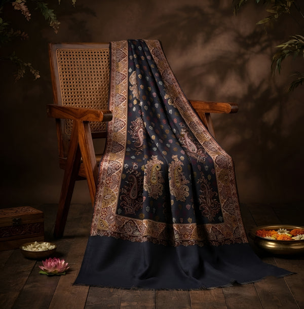 Naqsh-e-Kashmir Kani Woven All-Over Paisley Jacquard Blue Shawl