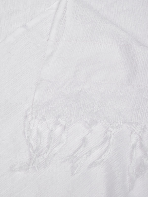 Elegant White Cotton Dupatta with Subtle Woven Stripes & Tassel Detailing (Size: 2.5x1 m Approx)