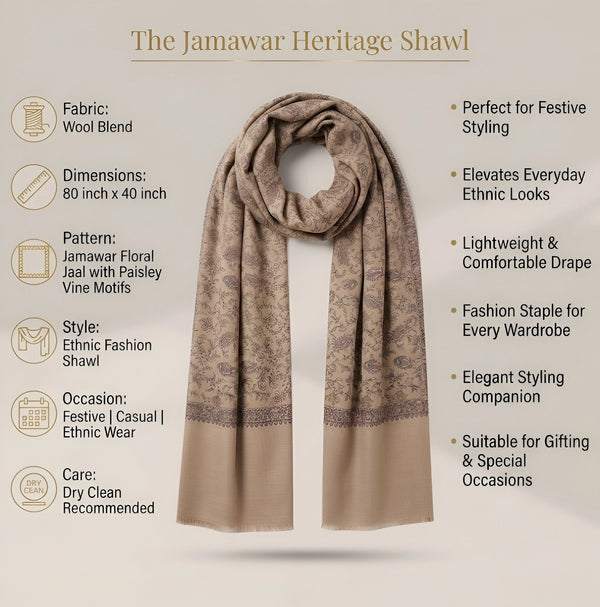 Mir-e-Khas Men's Kashmir-Inspired Jamawar Floral Paisley Vine Beige Shawl