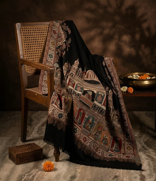 Naqsh-e-Kashmir Inspired Mughal Palace Scenic Jacquard Woven Black Shawl with Zari Work