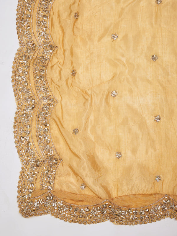 Gold Chinon Dupatta with Scalloped Embroidered Border & Sequin Motifs (Size: 2.5x1 m Approx)