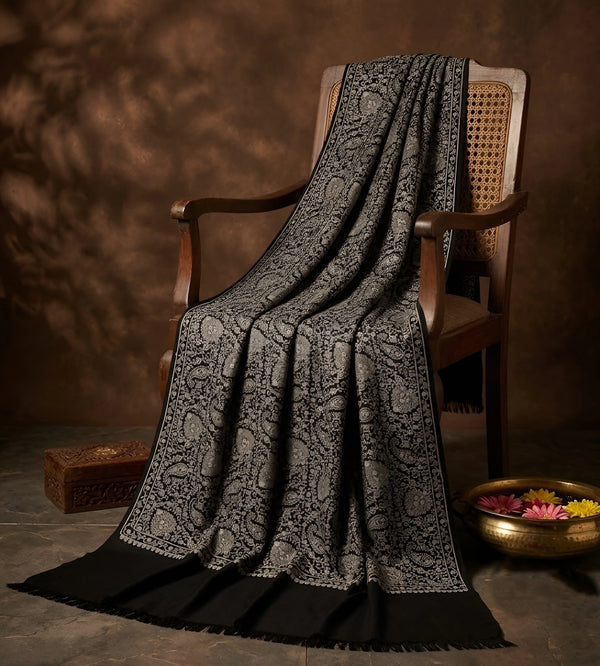 Mir-e-Khas Kashmiri Sozni Jaal Black Shawl for Men – Wool Blend