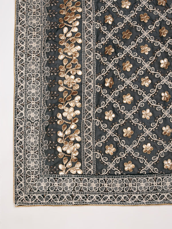 Black Georgette Dupatta with Gold Foil Booti & Lace Border (Size: 2.5x1 m Approx)