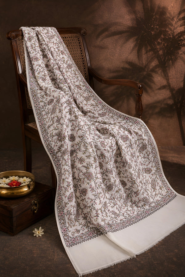 Mir-e-Khas Men's Kashmir-Inspired Jamawar Floral Paisley Vine White Shawl