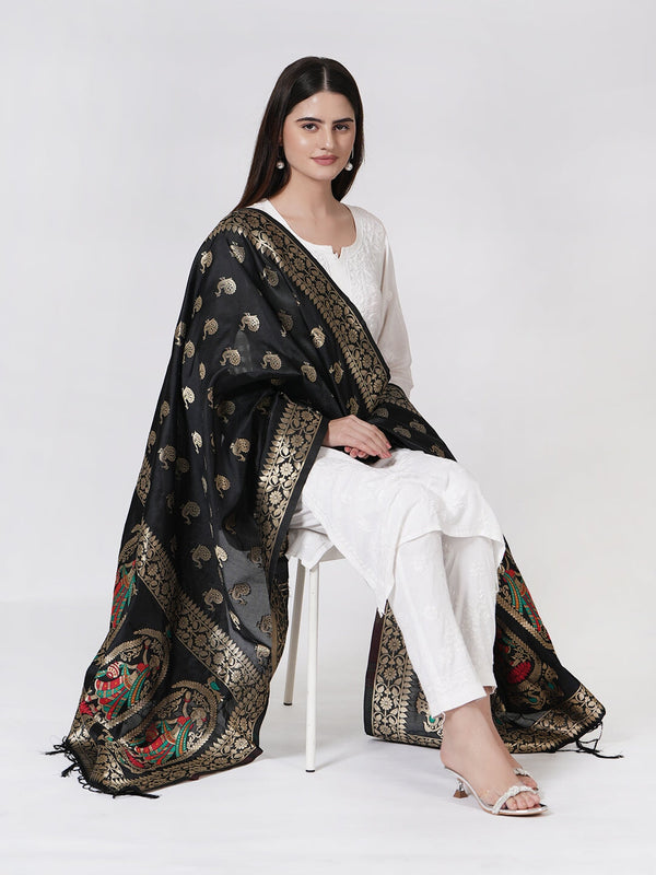 Black Paithani Silk Dupatta with Traditional Peacock Motifs (Size: 2.5x1 m Approx) Dupatta Shivmani Creations