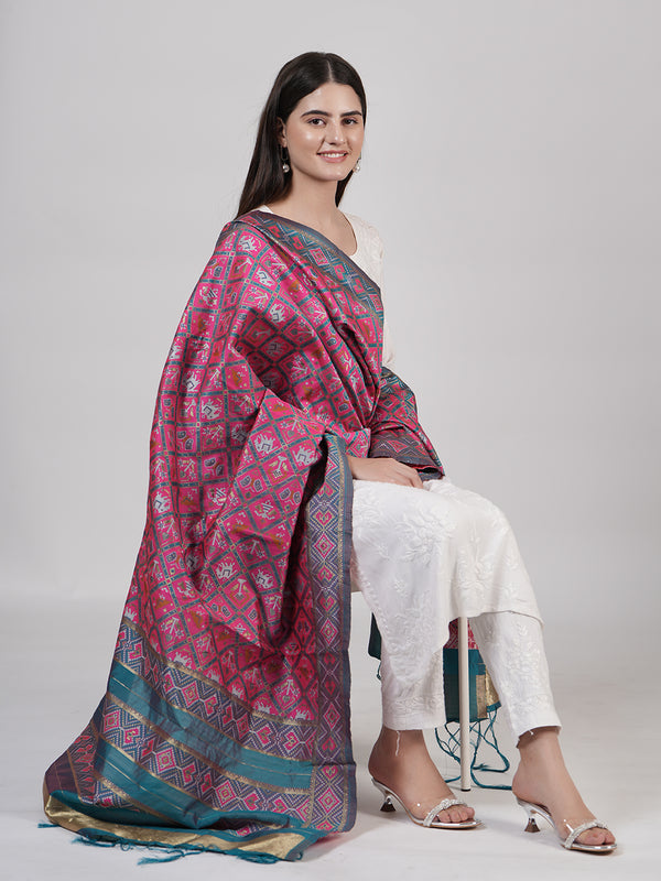 Royal Pink Paithani Silk Dupatta with Geometric Motifs & Contrast Zari Border (Size: 2.5x1 m Approx)