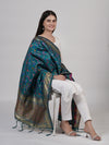 Teal Kashmiri Silk Dupatta with Multicolour Floral Vine Weave & Zari Border (Size: 2.5x1 m Approx)