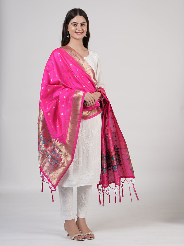 Rani Paithani Silk Dupatta with Gold Zari Butti & Traditional Border (Size: 2.5x1 m Approx)