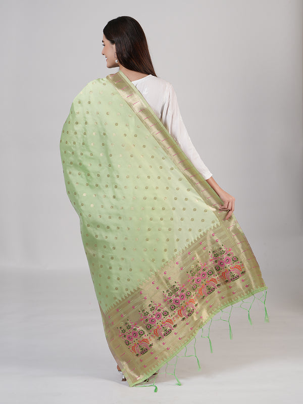 Green Paithani Silk Dupatta with Gold Zari Butti & Traditional Border (Size: 2.5x1 m Approx)