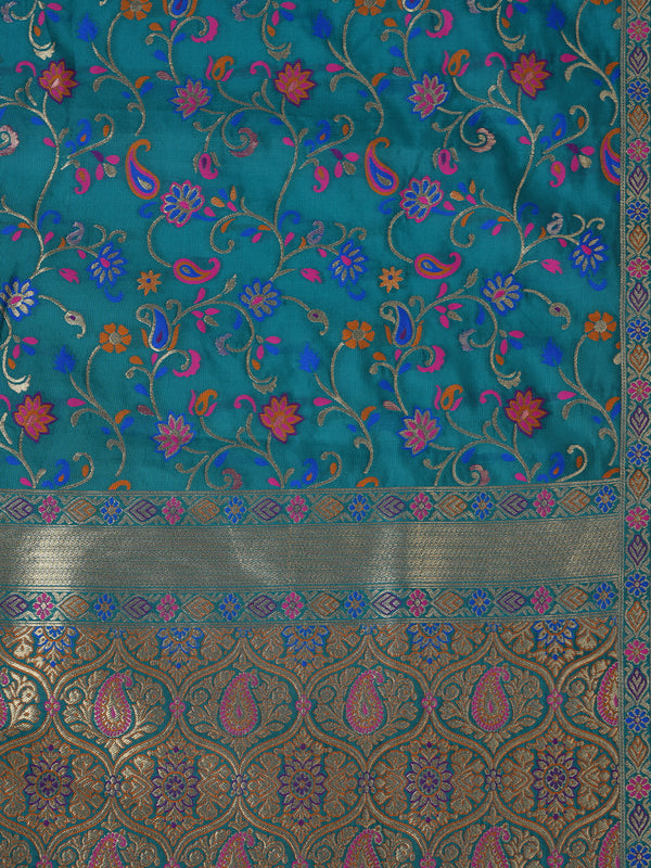 Teal Kashmiri Silk Dupatta with Multicolour Floral Vine Weave & Zari Border (Size: 2.5x1 m Approx)