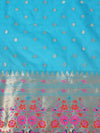 Teal Paithani Silk Dupatta with Gold Zari Butti & Traditional Border (Size: 2.5x1 m Approx)