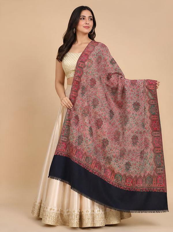 Naqsh-e-Kashmir Woven Kani Jacquard Floral Shawl with Traditional Black Border & Panel