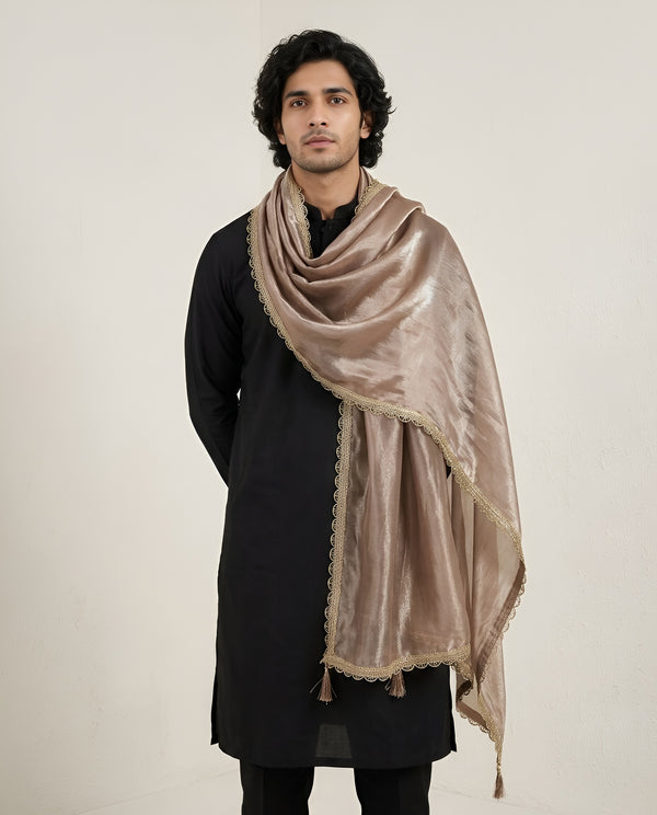 Fendi Mens Dupatta – Beige Tone with Lace Border & Latkan Finish