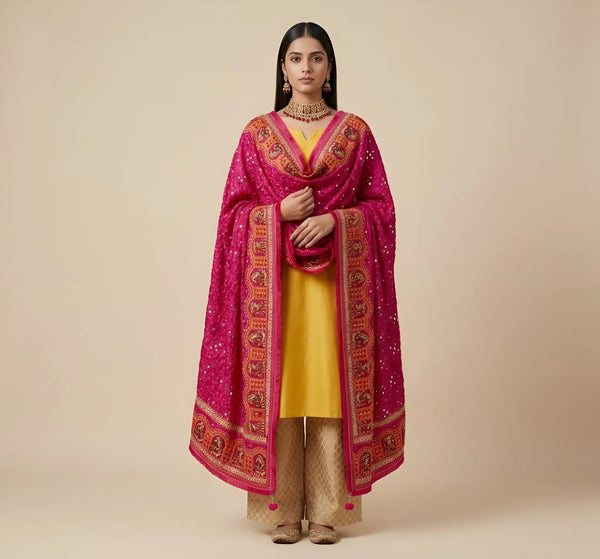Luxe Chinon Kutch & Phulkari Heritage Art Mirror Work Embroidered Pink Dupatta with Ornate Border