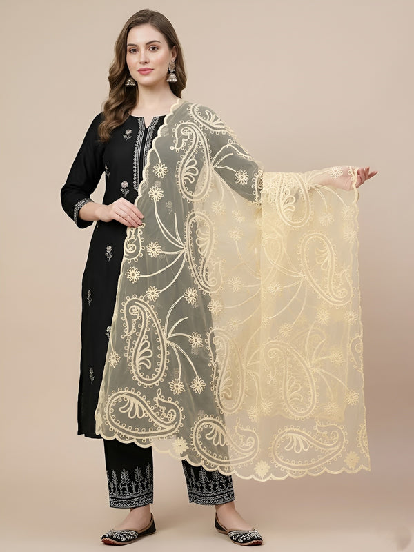 Lemon Organza Embroidered Dupatta for Women with Paisley & Floral