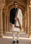 Woolen Mens Shawl in Warm White with Heritage-Inspired Embroidered Border (80 x 40 Inches)