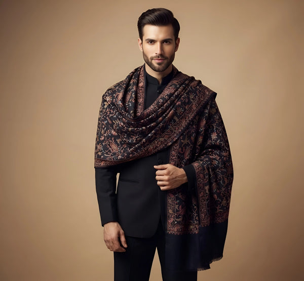 Mir-e-Khas Men's Kashmir-Inspired Jamawar Floral Paisley Vine Blue Shawl