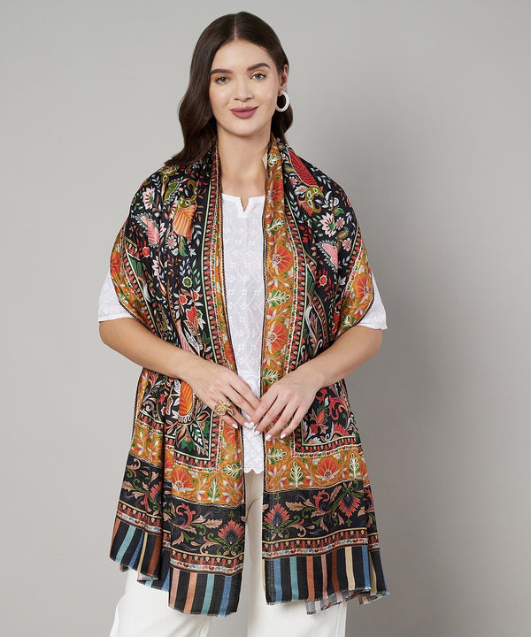 Signature Kashmiri Print & Thread Work Bamboo Silk Stole for Women