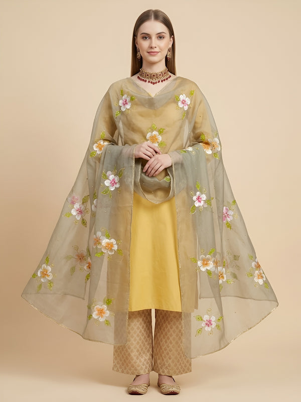 Luxe Organza Women Dark Green Dupatta with Handbrush Floral Art & Beads