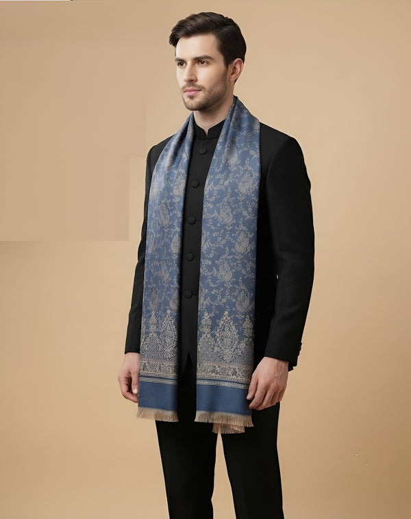 Timeless Mens Wool Blend All-Over Zari Jacquard Floral Trellis Blue Stole