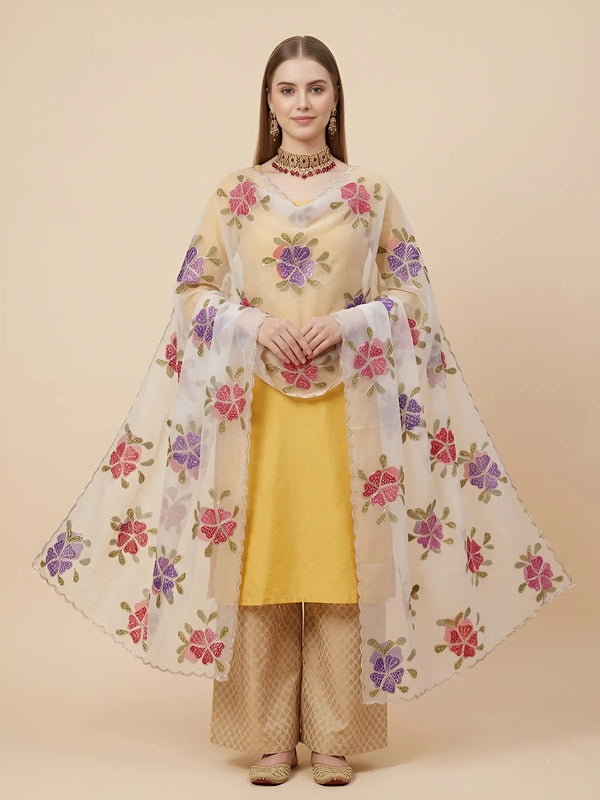 Luxe Organza Womens White Dupatta with Floral Brush Print Embellishment