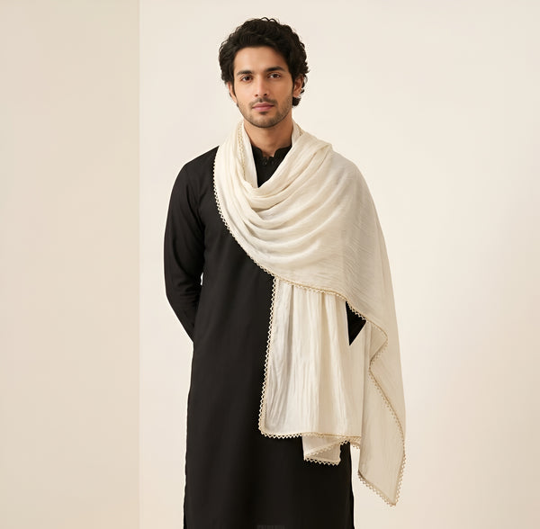 Nazneen Chiffon Mens Dupatta – Solid White with Elegant Lace Border