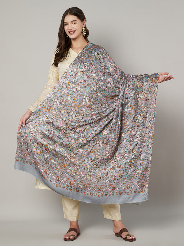 Bamboo Silk Grey Kashmiri Women Stole with Traditional Paisley Jaal | Soft & Elegant | 80×28 Inches