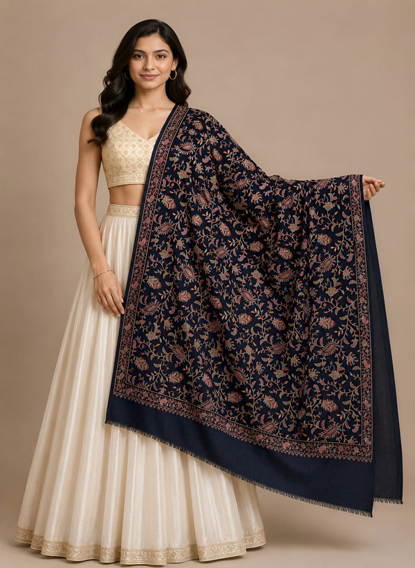 Naqsh-e-Kashmir Inspired Jamawar Floral Paisley Vine Wool Blend Blue Shawl