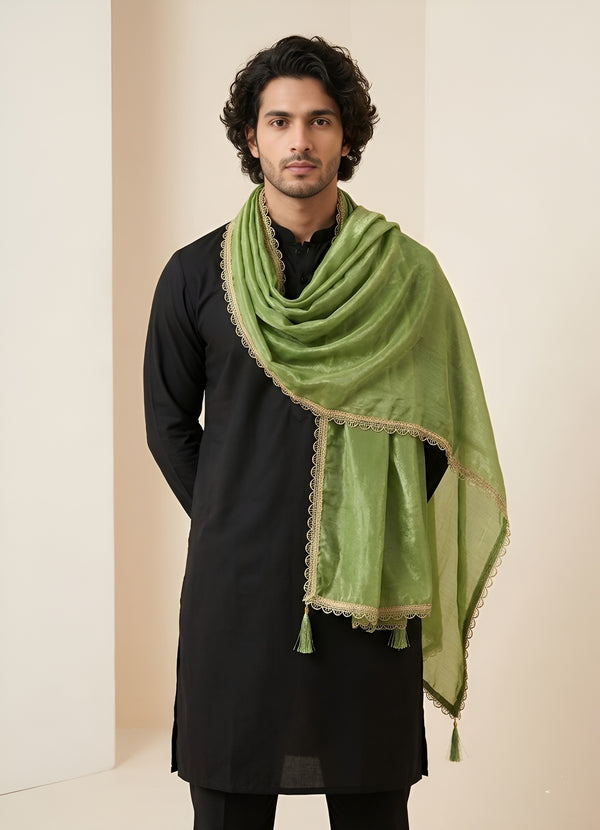Fendi Mens Dupatta – Green Tone with Lace Border & Latkan Finish