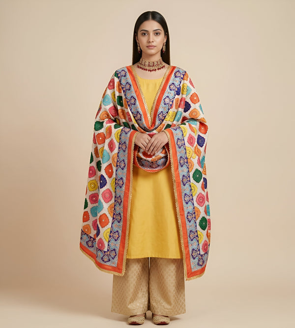Chinon Floral Mirror Work Women Multicolor Dupatta with Designer Printed Panels & Lace Border