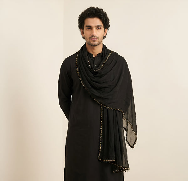 Nazneen Chiffon Mens Dupatta – Solid Black with Elegant Lace Border