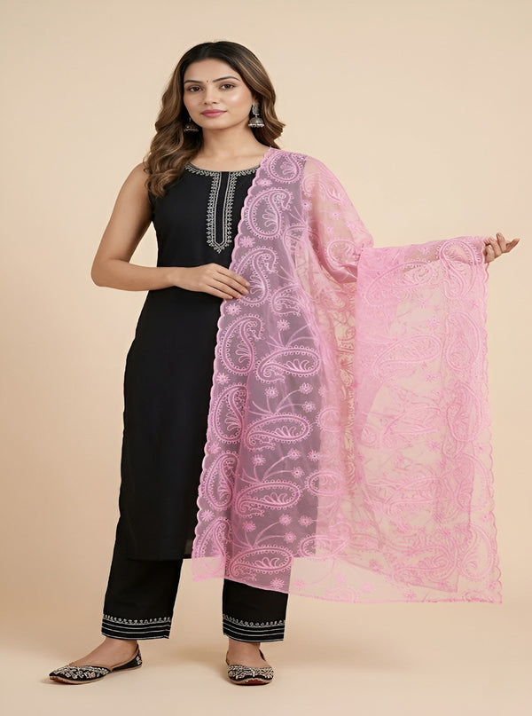 Pink Organza Embroidered Dupatta for Women with Paisley & Floral