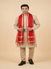 Cotton Silk Mens Dupatta – Red with Zari Buta & Border Work