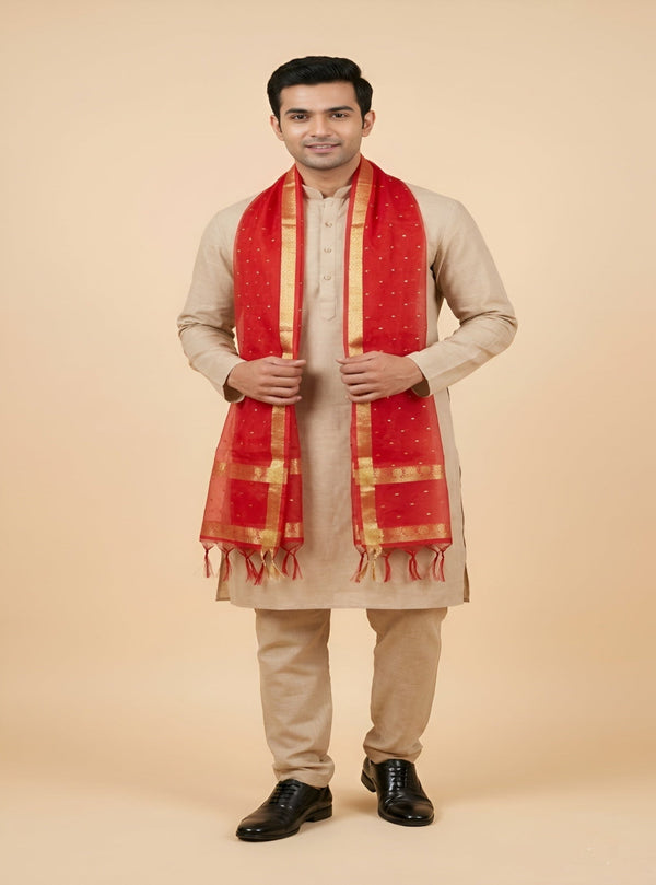 Cotton Silk Mens Dupatta – Red with Zari Buta & Border Work