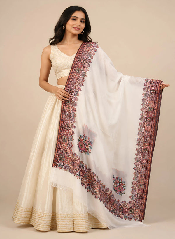 Naqsh-e-Kashmir Inspired Kingri Design Jacquard Woven White Shawl with Floral Border
