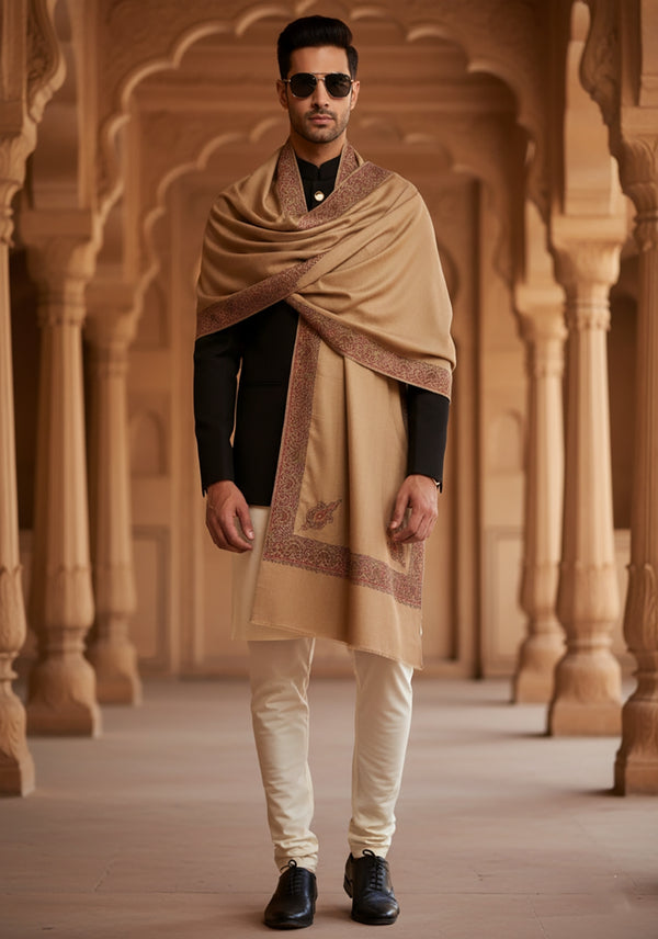 Elegant Brown Woolen Mens Shawl with Embroidered Border – Ethnic Wrap (80 x 40 Inches)