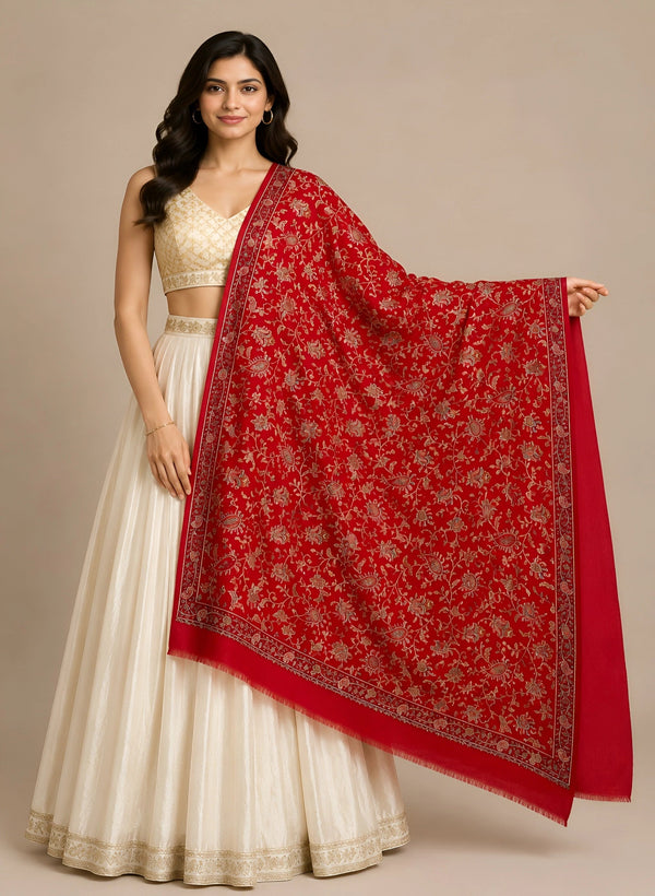 Naqsh-e-Kashmir Inspired Jamawar Floral Paisley Vine Wool Blend Red Shawl