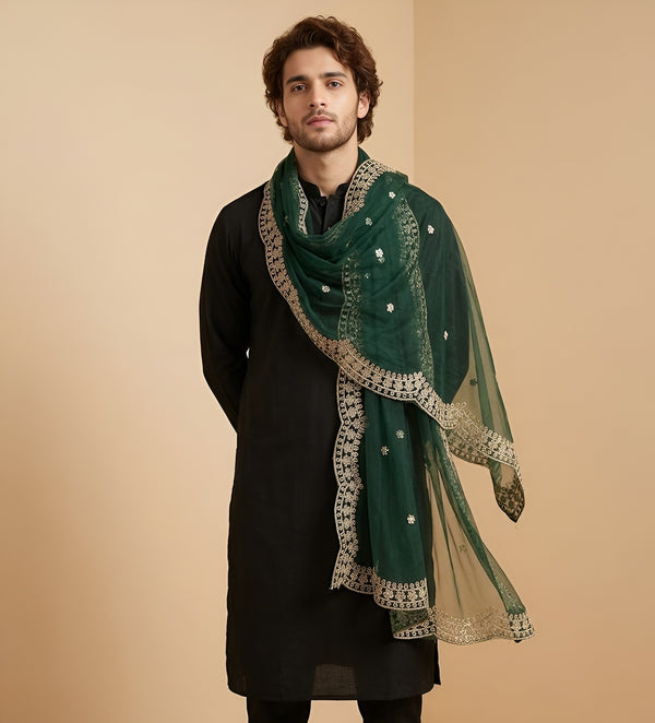 Green Twill Net Mens Dupatta – Scalloped Cutwork Border with Buti Work