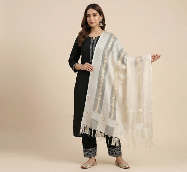 White Organza Dupatta with Gota Patti Work & Tassel Border