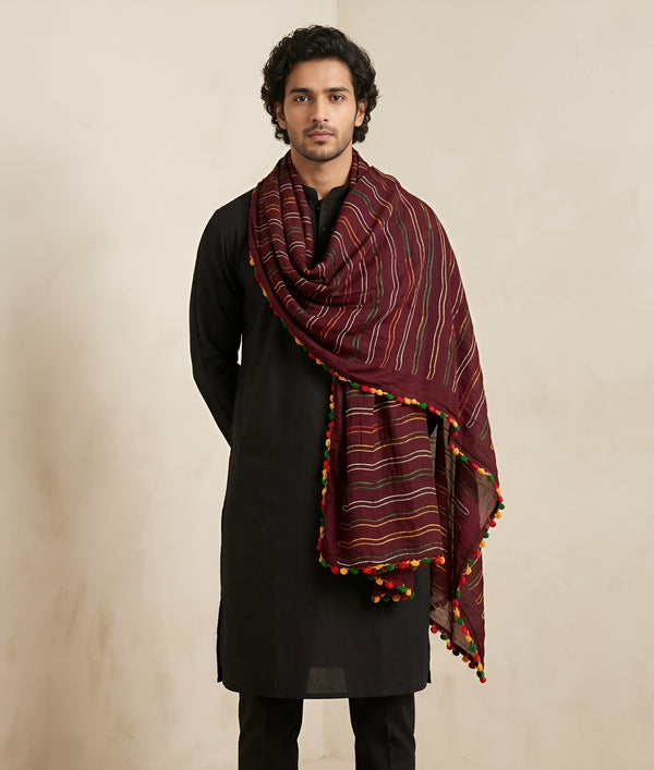 Maroon Nazneen Chiffon Mens Dupatta with Multicolor Stripes & Pom Pom