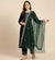 Green Twill Net Women Dupatta – Scalloped Cutwork Border with Buti Work