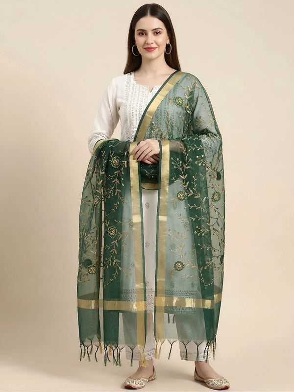 Green Organza Meena Jaal Dupatta | Elegant Sheer Festive Drape