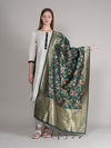 Bottle Green Paithani Silk Dupatta with Multicolour Floral Zari Weave (Size: 2.5x1 m Approx)