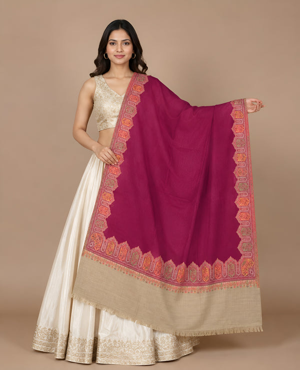 Naqsh-e-Kashmir Woven Kani Jacquard Wine Shawl with Solid Panel & Traditional Border