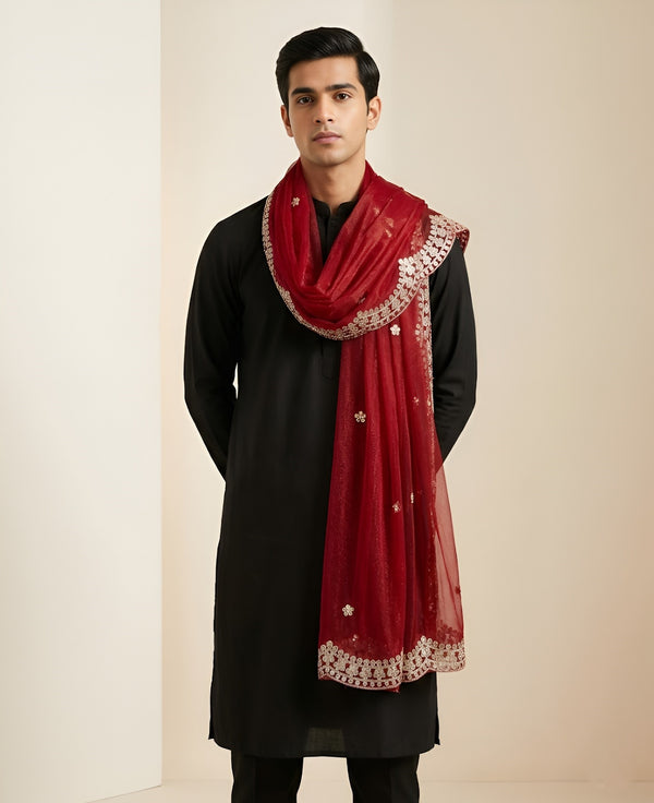 Red Twill Net Mens Dupatta – Scalloped Cutwork Border with Buti Work